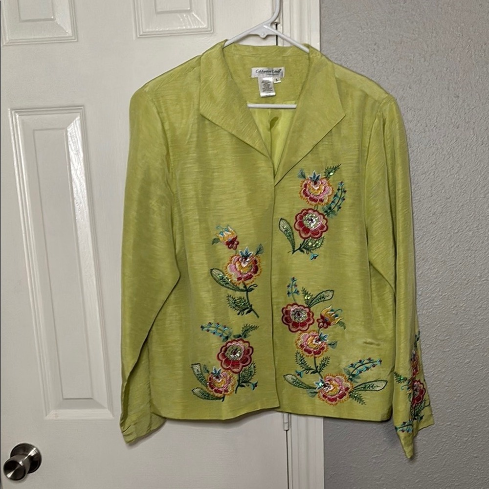 Coldwater Creek Jacket Green Floral Linen Silk Blend Open Front Blazer Top Large